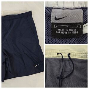 Vintage Nike Swim Trunks Mesh Lined Mens L Blue White Swoosh Pockets Draw String
